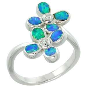 Sterling Silver, Synthetic Opal Inlay Floral Ring, w/ Brilliant Cut CZ 