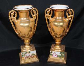 Pair German Dresden Hand Painted Vases Urns  