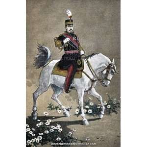  Mikado, Emperor of Japan, riding a horse. Illustration by a Japanese 