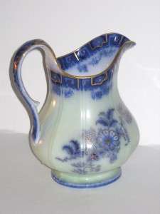 Beautiful Early Antique Flow Blue China Pitcher Greek Key Floral Gold 