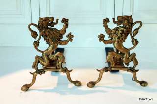 The FINEST Antique Brass Rampant Lion Fireplace Andirons  