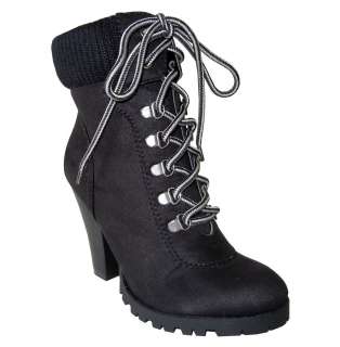   Boots Inspired Suede Lace Up Sweater Trim Ankle Booties Black  