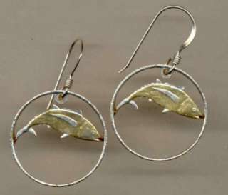 Gold on Silver Cut Coin St. Helena Tuna Fish Earrings  