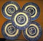 Five Unbranded Japanese Scene Pattern Dark Blue and White Saucers