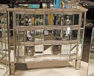 Chic Curved Front Antiqued Mirrored Chest Sever Dresser Glam Storage 