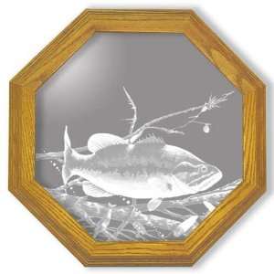  Etched Mirror Bass Fishing Art in Solid Oak Frame