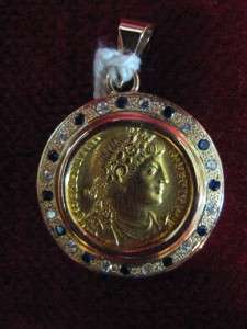 Ancient Roman Gold Solidus 14ct Gold Pendant w Sapphire  