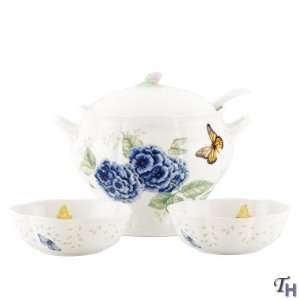 Lenox Butterfly Meadow Covered Soup Tureen with Ladle and Two Bowls 