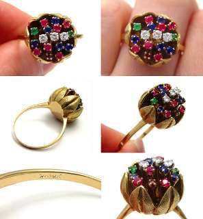 VINTAGE GREEN EMERALD RED RUBY BLUE SAPPHIRE 18K SOLID GOLD FLOWER 