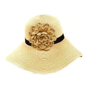  Large Tan Floppy Summer Beach Large Straw Hat with Corsage 