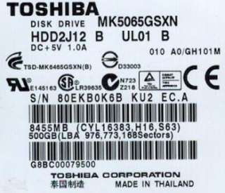 TOSHIBA MK5065GSXN 500GB HDD2J12 B UL01 B THAILAND  