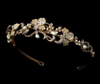 IVORY PEARL Crystal GOLD Bridal Tiara Headband gown wedding dress veil 