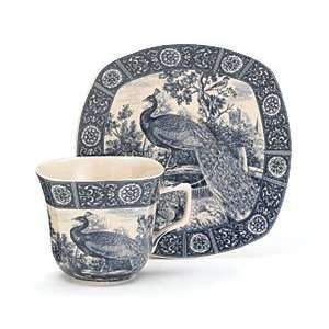  Blue Toile Peacock Design Teacup and Saucer Set Kitchen 