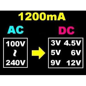   1200mA AC/DC Power Adapter Supply 3V 4.5V 6V 7.5V 9V 12V Electronics