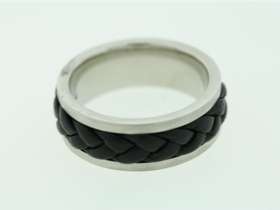 Mens Black Braided Leather Inlay 10mm Band Ring Size 12.25  