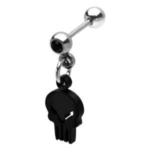 The Punisher Black Skull Logo Dangle Cartilage Helix Piercing Barbell