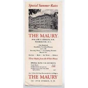    The Maury Hotel Brochure Washington DC 1930s 