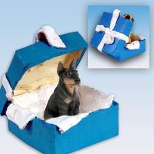  Doberman Pinscher Blue Gift Box Dog Ornament   Black & Tan 