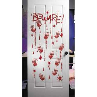 New translucent door cover banner with red bloody Beware and hand 