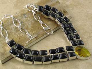 ELEGANT  black ONYX + gold CITRINE QUARTZ **I silver necklace 