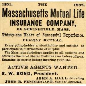 1882 Ad Massachusetts Mutual Life Insurance E. W. Bond   Original 