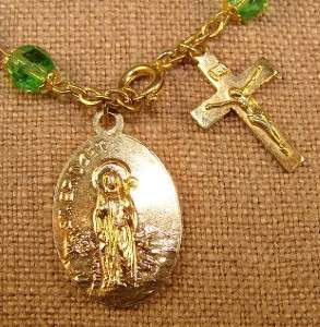 Vtg Peridot Green Rosary Bead St Bridget Patrick Cross Charm Bracelet 