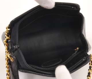 Authentic Chanel CC Black caviar leather pochette shoulder bag Gold 