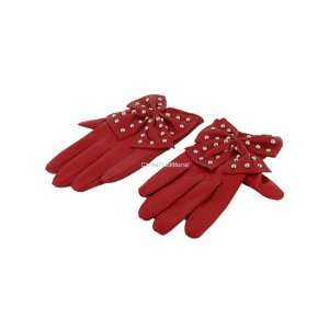  Leather Bowknot Sheepskin Ladies Girls Gloves M 17cm Red 