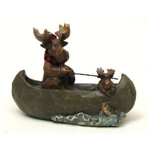  Moose Sitting in Canoe Fishing Figurine