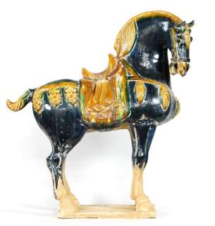 CERAMIC BLUE HORSE STATUE Chinese Tang Figurine Art 31  