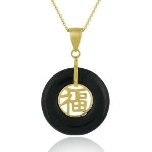   18K Gold over Sterling Silver Onyx Chinese Motif Disc Pendant Jewelry