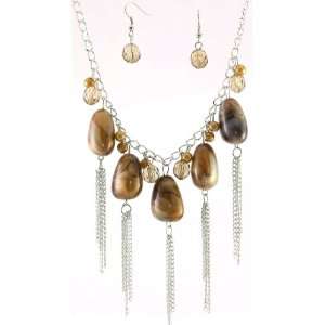  Brown beige Marbled Pearl and Beads Simulated Necklace and 
