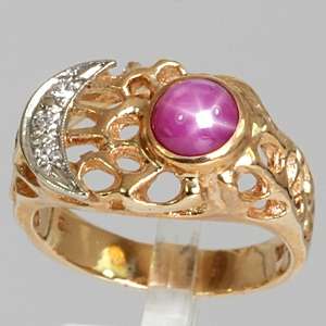   Gold Mens 1.30 Carat Created Ruby Star & Diamond Vintage Ring  