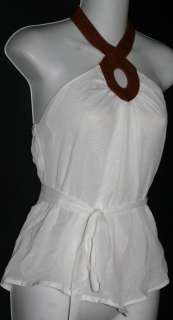 NWT BEBE XS pristine WHITE ALEXIS halter top DOUBLE layer SHEER with 