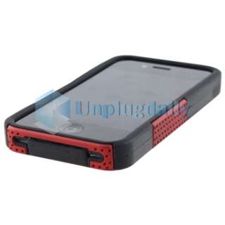 Hybrid Black Soft/Red Mesh Hard Case+SPT+AUX+Home Charger For iPhone 4 