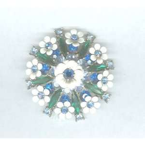  Vintage Flowers Pin with Blue & Green Rhinestones 