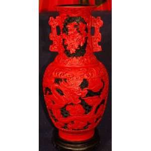  Large Cinnabar Dragon vase with Square Handles   Limited 