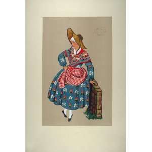  1929 Pochoir Woman Costume Dress Straw Hat Lyon France 