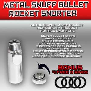 Premium Grade Silver Metal Bullet Snuff Rocket Snorter + 4 Extra Free 