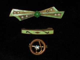 Antique Victorian Era Green Enamel & Seed Pearl Bar Pin LOT  