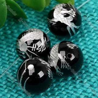 4P Black Agate Gem Round Carved Dragon Loose Beads 14mm  