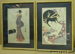  Antique Japanese Signed Prints Geisha Lady w/Fan Cutting Flowers
