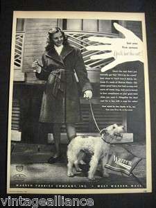  Warren Fabrics Cute Girl in Coat with Terrier Dog 40s Fashion Ad