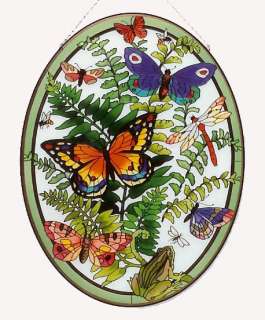 BOTANICAL BUTTERFLY * 3 PC MURAL STAINED GLASS PANELS  