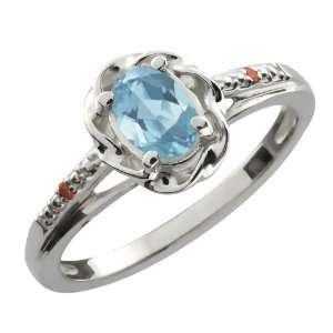   Oval Sky Blue Topaz Cognac Red Diamond Sterling Silver Ring Jewelry