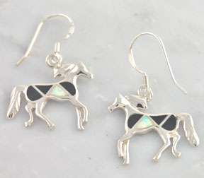 Onyx & Opal Inlay Sterling Silver Horse Earrings  