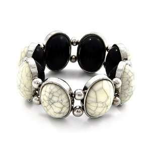 Silvertone Jet Black and White Acrylic Stone Stretch Bangle Bracelet
