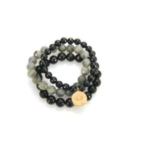 Satya Jewelry Onyx Labordorite Gold Vermeil Lotus Stretch Bracelet Set