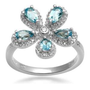 Jewelili 1/3ct Diamond and Genuine Blue Topaz Flower Ring in Sterling 