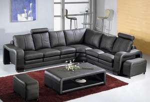 Contemporary Black Leather Sectional Sofa Couch w/ Chaise, Stool 